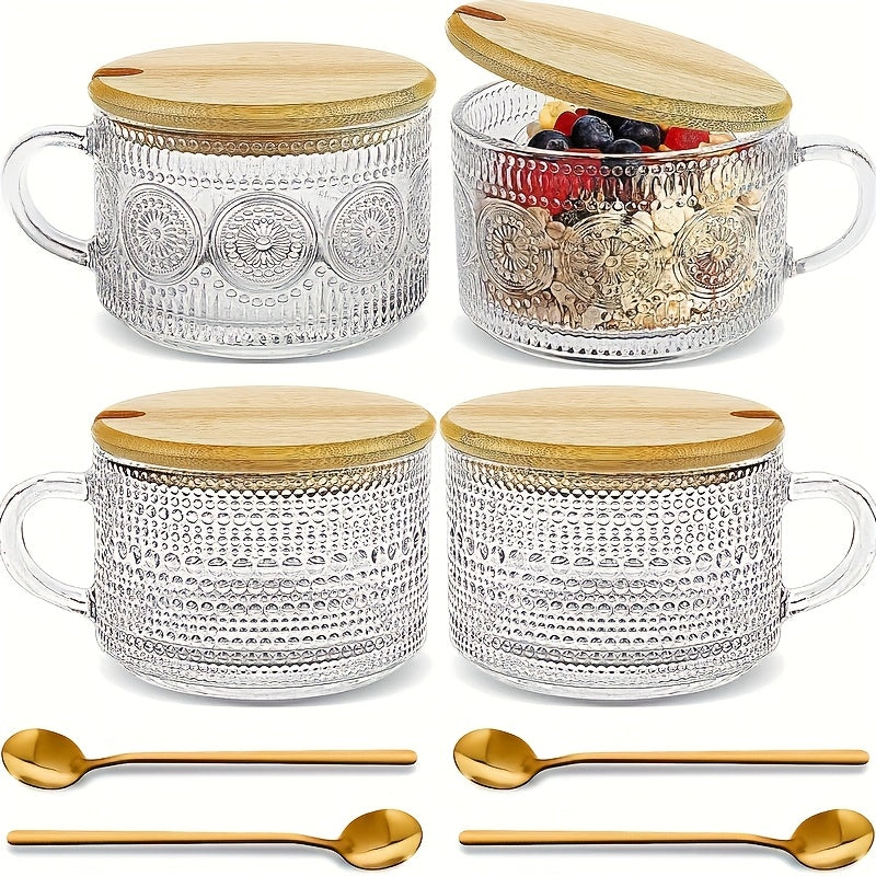 Retro Glass Coffee Cup 4pcs Retro Transparent Patterned Glass Coffee Cup Set with Handle, Bamboo Lid And Spoon -15.2oz\u002F450ml, Very Suitable for Latte, Milk, Overnight Oatmeal Yogurt Glass Tea Cups, Glassware Gifts
