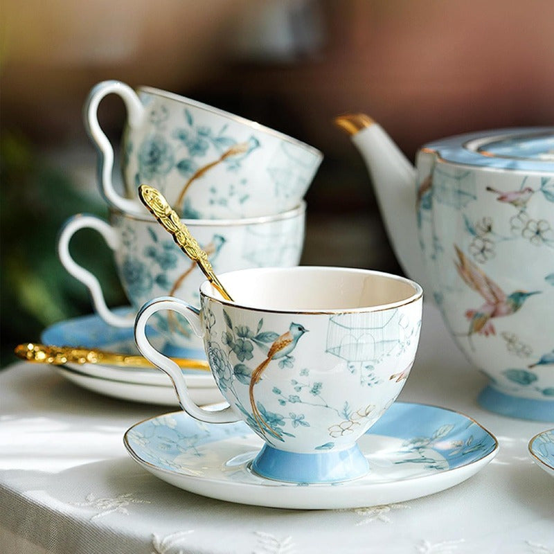 Bone China Tea Cup and Saucer Set Bone China Coffee Cups and Saucers Vintage Blue and White TeaCups snd Saucers Gift for Mom Friend Tea Party light blue