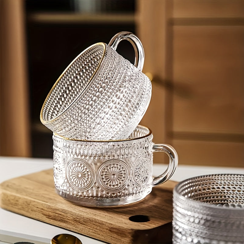 Retro Glass Coffee Cup 4pcs Retro Transparent Patterned Glass Coffee Cup Set with Handle, Bamboo Lid And Spoon -15.2oz\u002F450ml, Very Suitable for Latte, Milk, Overnight Oatmeal Yogurt Glass Tea Cups, Glassware Gifts