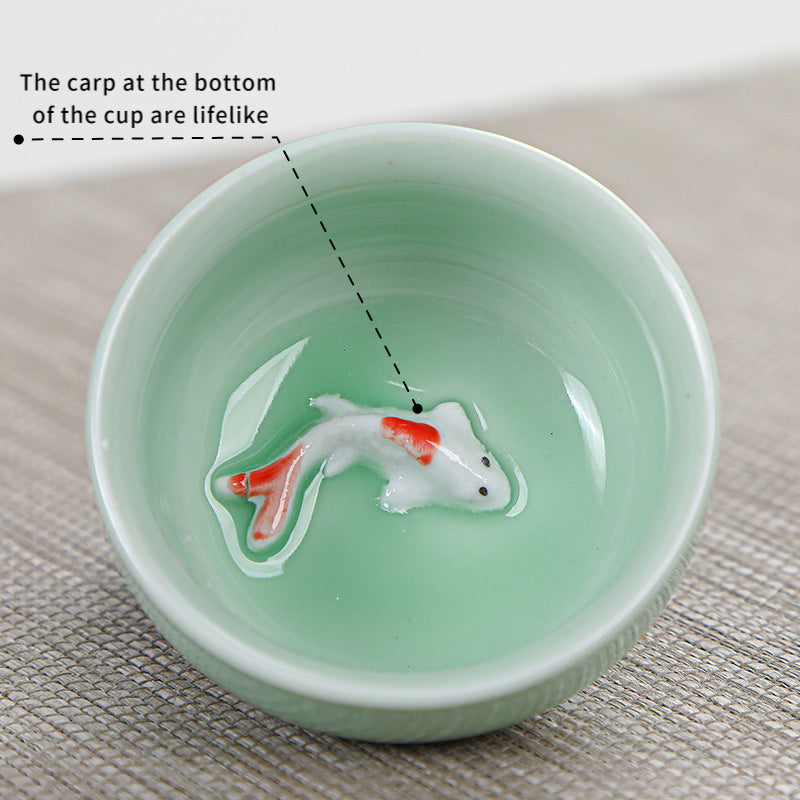 7-head celadon tea set, one pot and six cups, Kung Fu tea set for guests, home and office use, ceramic teapot, koi tea cup, one pot and six cups, creative koi drinking tea cup, lid bowl teapot, Kung Fu tea ceremony tea set