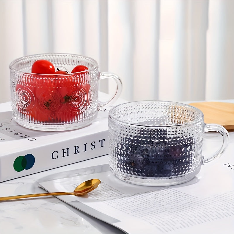 Retro Glass Coffee Cup 4pcs Retro Transparent Patterned Glass Coffee Cup Set with Handle, Bamboo Lid And Spoon -15.2oz\u002F450ml, Very Suitable for Latte, Milk, Overnight Oatmeal Yogurt Glass Tea Cups, Glassware Gifts