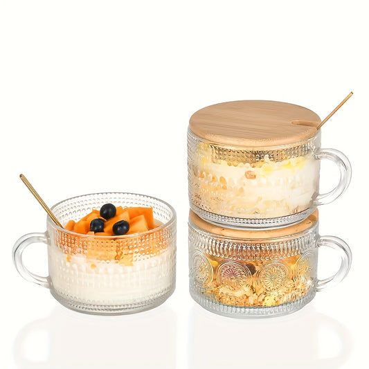 Retro Glass Coffee Cup 4pcs Retro Transparent Patterned Glass Coffee Cup Set with Handle, Bamboo Lid And Spoon -15.2oz\u002F450ml, Very Suitable for Latte, Milk, Overnight Oatmeal Yogurt Glass Tea Cups, Glassware Gifts