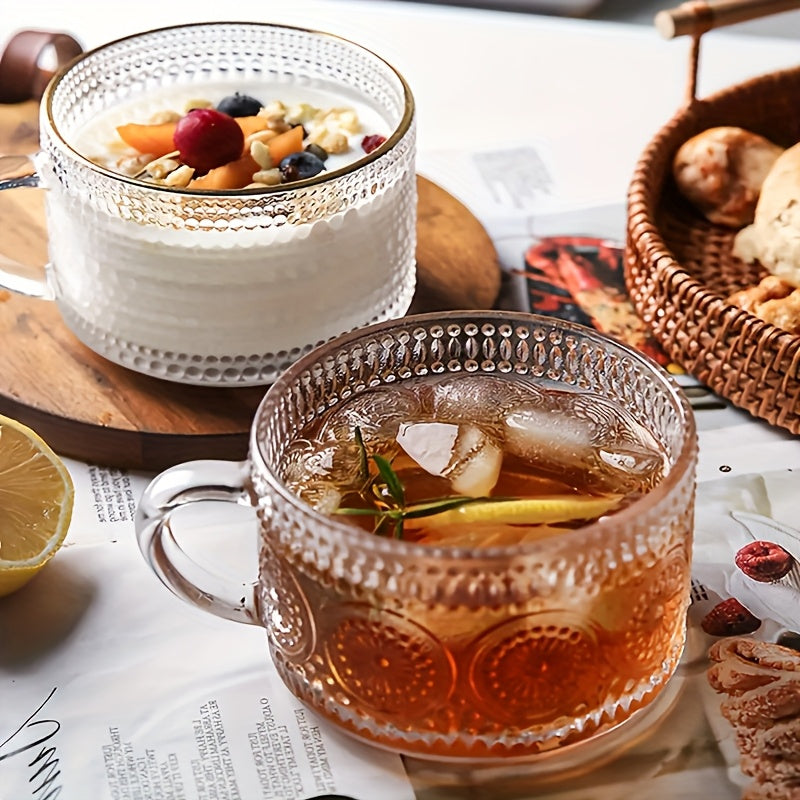 Retro Glass Coffee Cup 4pcs Retro Transparent Patterned Glass Coffee Cup Set with Handle, Bamboo Lid And Spoon -15.2oz\u002F450ml, Very Suitable for Latte, Milk, Overnight Oatmeal Yogurt Glass Tea Cups, Glassware Gifts
