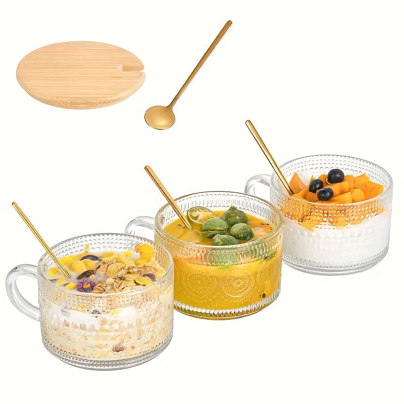 Retro Glass Coffee Cup 4pcs Retro Transparent Patterned Glass Coffee Cup Set with Handle, Bamboo Lid And Spoon -15.2oz\u002F450ml, Very Suitable for Latte, Milk, Overnight Oatmeal Yogurt Glass Tea Cups, Glassware Gifts