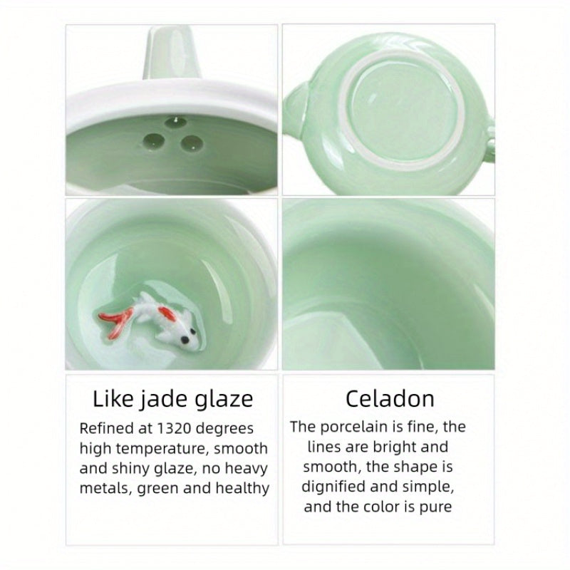 7-head celadon tea set, one pot and six cups, Kung Fu tea set for guests, home and office use, ceramic teapot, koi tea cup, one pot and six cups, creative koi drinking tea cup, lid bowl teapot, Kung Fu tea ceremony tea set
