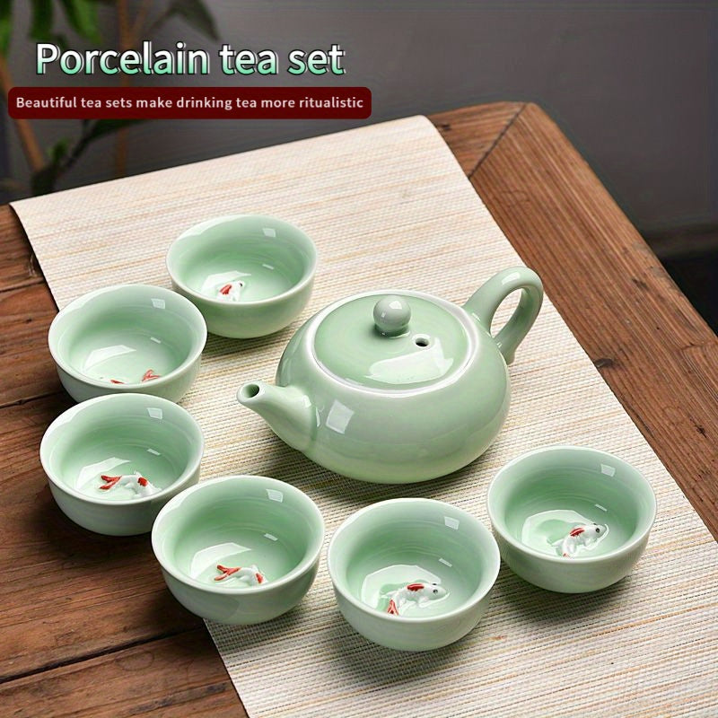 7-head celadon tea set, one pot and six cups, Kung Fu tea set for guests, home and office use, ceramic teapot, koi tea cup, one pot and six cups, creative koi drinking tea cup, lid bowl teapot, Kung Fu tea ceremony tea set