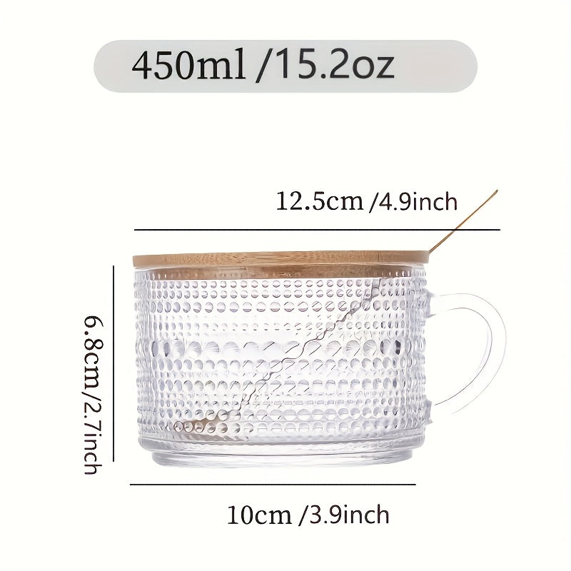 Retro Glass Coffee Cup 4pcs Retro Transparent Patterned Glass Coffee Cup Set with Handle, Bamboo Lid And Spoon -15.2oz\u002F450ml, Very Suitable for Latte, Milk, Overnight Oatmeal Yogurt Glass Tea Cups, Glassware Gifts