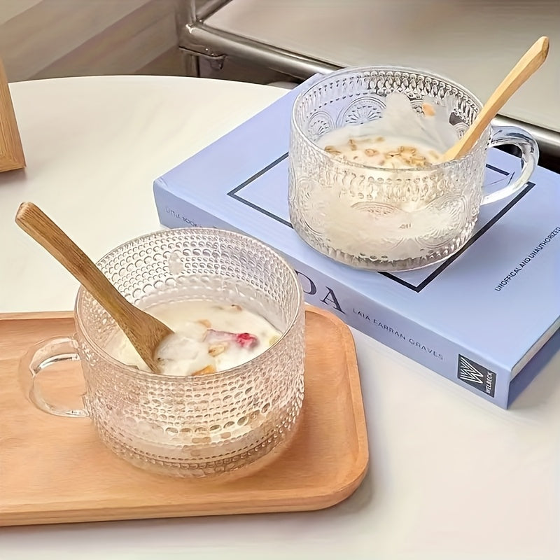 Retro Glass Coffee Cup 4pcs Retro Transparent Patterned Glass Coffee Cup Set with Handle, Bamboo Lid And Spoon -15.2oz\u002F450ml, Very Suitable for Latte, Milk, Overnight Oatmeal Yogurt Glass Tea Cups, Glassware Gifts