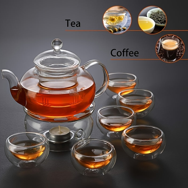 27 Oz Glass Teapot Set Stovetop Safe Tea Infuser Maker With A Candle Warmer And 6 Double Wall Teacups, Blooming & Loose Leaf Tea Pot CJ-800ml