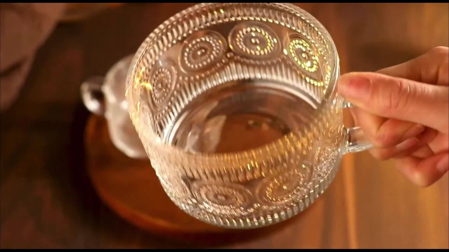 Retro Glass Coffee Cup 4pcs Retro Transparent Patterned Glass Coffee Cup Set with Handle, Bamboo Lid And Spoon -15.2oz\u002F450ml, Very Suitable for Latte, Milk, Overnight Oatmeal Yogurt Glass Tea Cups, Glassware Gifts