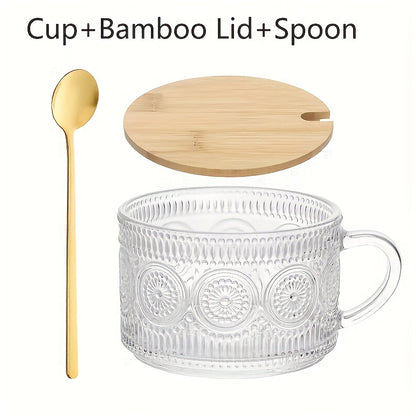 Retro Glass Coffee Cup 4pcs Retro Transparent Patterned Glass Coffee Cup Set with Handle, Bamboo Lid And Spoon -15.2oz\u002F450ml, Very Suitable for Latte, Milk, Overnight Oatmeal Yogurt Glass Tea Cups, Glassware Gifts