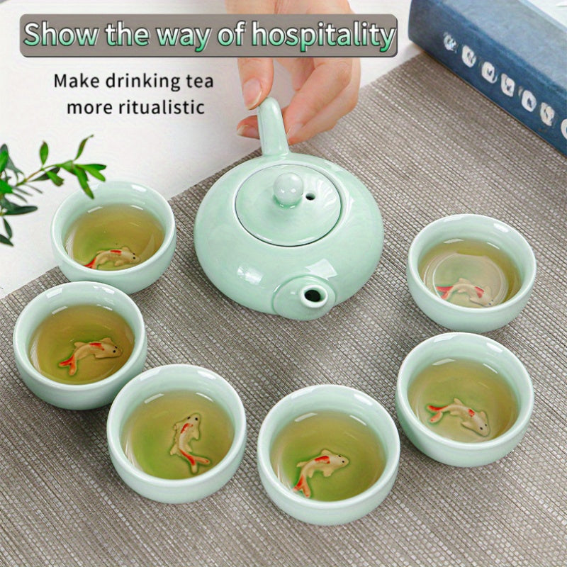 7-head celadon tea set, one pot and six cups, Kung Fu tea set for guests, home and office use, ceramic teapot, koi tea cup, one pot and six cups, creative koi drinking tea cup, lid bowl teapot, Kung Fu tea ceremony tea set