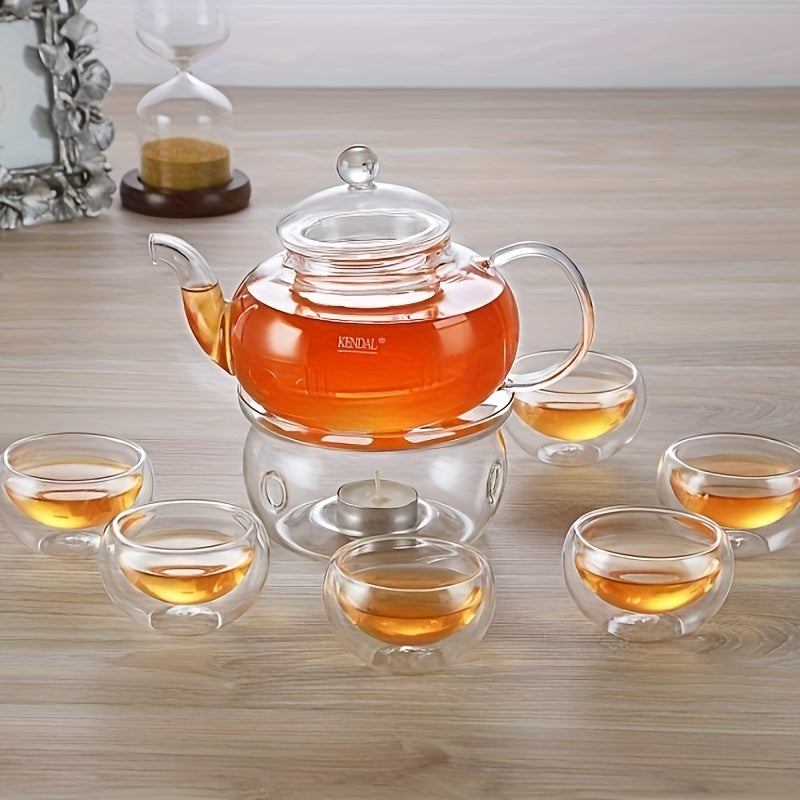 27 Oz Glass Teapot Set Stovetop Safe Tea Infuser Maker With A Candle Warmer And 6 Double Wall Teacups, Blooming & Loose Leaf Tea Pot CJ-800ml