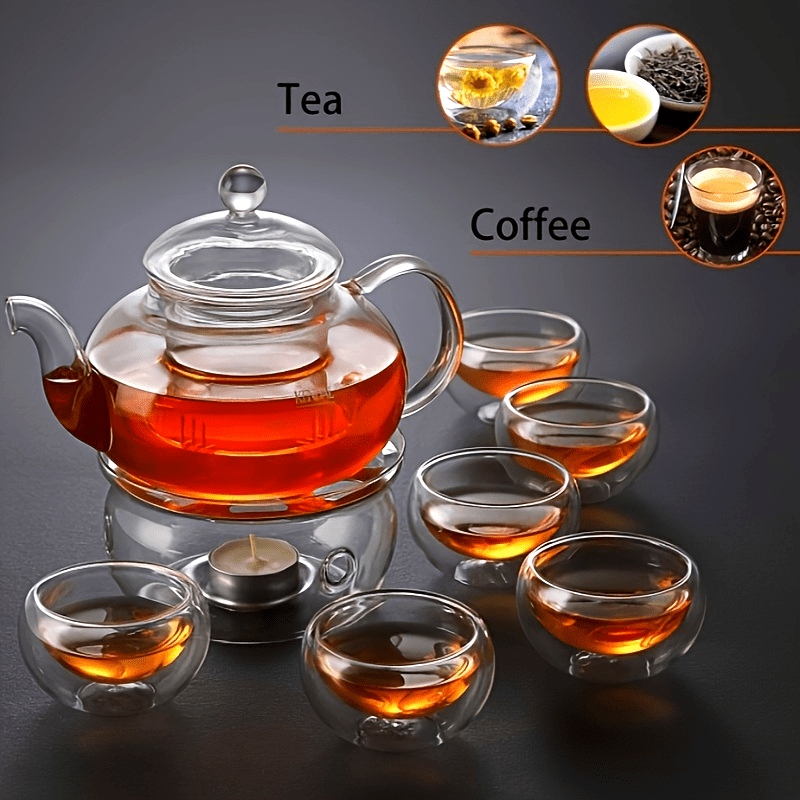 27 Oz Glass Teapot Set Stovetop Safe Tea Infuser Maker With A Candle Warmer And 6 Double Wall Teacups, Blooming & Loose Leaf Tea Pot CJ-800ml