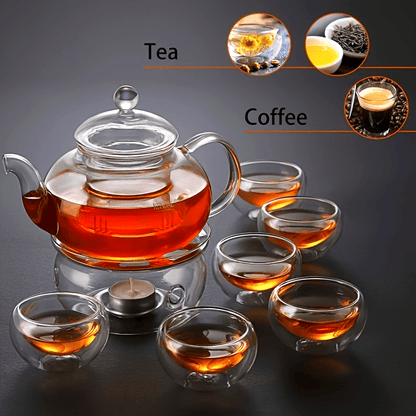 27 Oz Glass Teapot Set Stovetop Safe Tea Infuser Maker With A Candle Warmer And 6 Double Wall Teacups, Blooming & Loose Leaf Tea Pot CJ-800ml