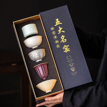 Five famous kiln collections Handmade ceramic teacup tea cup gift box set, high-end tea cup master cup tea set, home office business gifts, company Mid-Autumn Festival gifts, collection-level gifts