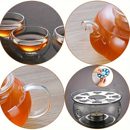 27 Oz Glass Teapot Set Stovetop Safe Tea Infuser Maker With A Candle Warmer And 6 Double Wall Teacups, Blooming & Loose Leaf Tea Pot CJ-800ml