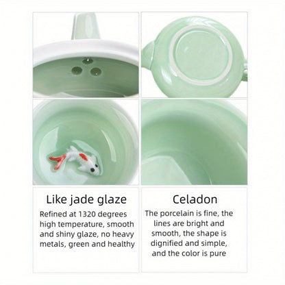 7-head celadon tea set, one pot and six cups, Kung Fu tea set for guests, home and office use, ceramic teapot, koi tea cup, one pot and six cups, creative koi drinking tea cup, lid bowl teapot, Kung Fu tea ceremony tea set