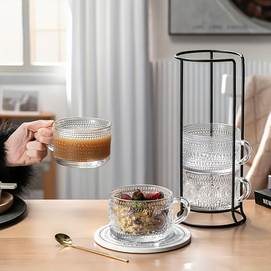 Retro Glass Coffee Cup 4pcs Retro Transparent Patterned Glass Coffee Cup Set with Handle, Bamboo Lid And Spoon -15.2oz\u002F450ml, Very Suitable for Latte, Milk, Overnight Oatmeal Yogurt Glass Tea Cups, Glassware Gifts