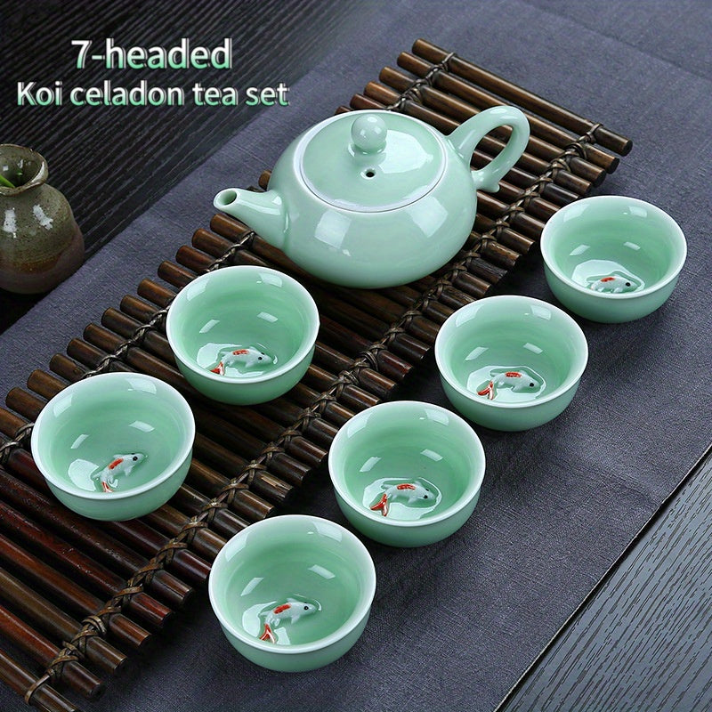 7-head celadon tea set, one pot and six cups, Kung Fu tea set for guests, home and office use, ceramic teapot, koi tea cup, one pot and six cups, creative koi drinking tea cup, lid bowl teapot, Kung Fu tea ceremony tea set
