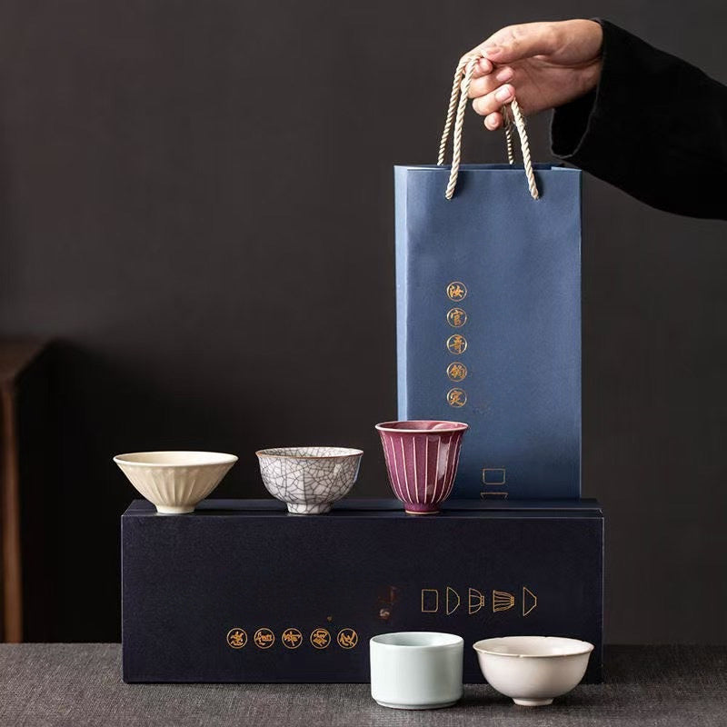 Five famous kiln collections Handmade ceramic teacup tea cup gift box set, high-end tea cup master cup tea set, home office business gifts, company Mid-Autumn Festival gifts, collection-level gifts