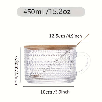 Retro Glass Coffee Cup 4pcs Retro Transparent Patterned Glass Coffee Cup Set with Handle, Bamboo Lid And Spoon -15.2oz\u002F450ml, Very Suitable for Latte, Milk, Overnight Oatmeal Yogurt Glass Tea Cups, Glassware Gifts