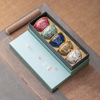 1 Set of 5 Handmade Jianzhan Ceramic Tea Cups, Traditional Kiln-Changed Five-Element Kung Fu Tea Cups, Glazed Porcelain, Suitable for Business Gifts, Office And Home Use- Artistic, Elegant, Unique