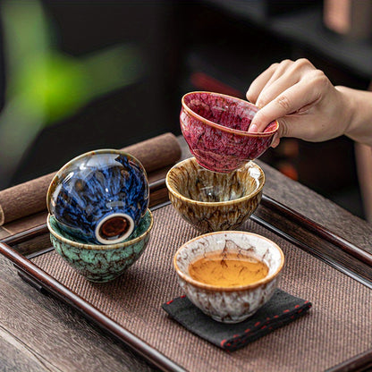 1 Set of 5 Handmade Jianzhan Ceramic Tea Cups, Traditional Kiln-Changed Five-Element Kung Fu Tea Cups, Glazed Porcelain, Suitable for Business Gifts, Office And Home Use- Artistic, Elegant, Unique
