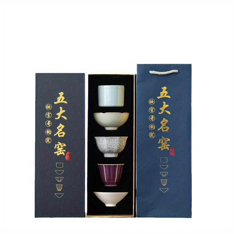 Five famous kiln collections Handmade ceramic teacup tea cup gift box set, high-end tea cup master cup tea set, home office business gifts, company Mid-Autumn Festival gifts, collection-level gifts