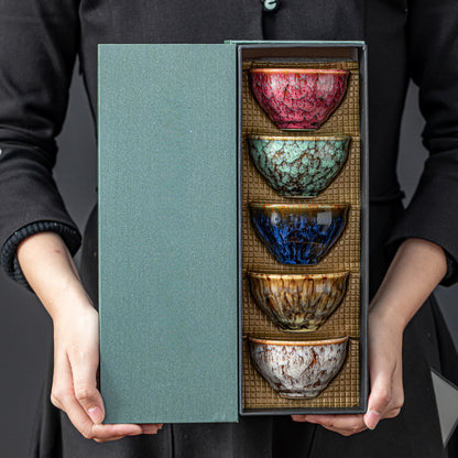 1 Set of 5 Handmade Jianzhan Ceramic Tea Cups, Traditional Kiln-Changed Five-Element Kung Fu Tea Cups, Glazed Porcelain, Suitable for Business Gifts, Office And Home Use- Artistic, Elegant, Unique