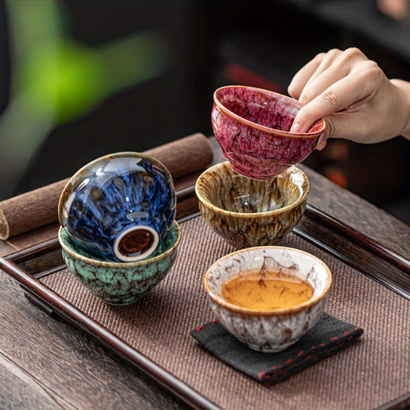 1 Set of 5 Handmade Jianzhan Ceramic Tea Cups, Traditional Kiln-Changed Five-Element Kung Fu Tea Cups, Glazed Porcelain, Suitable for Business Gifts, Office And Home Use- Artistic, Elegant, Unique