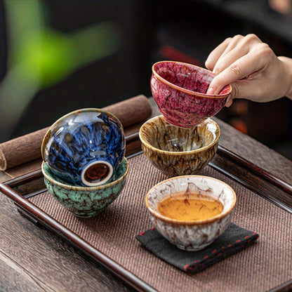 1 Set of 5 Handmade Jianzhan Ceramic Tea Cups, Traditional Kiln-Changed Five-Element Kung Fu Tea Cups, Glazed Porcelain, Suitable for Business Gifts, Office And Home Use- Artistic, Elegant, Unique