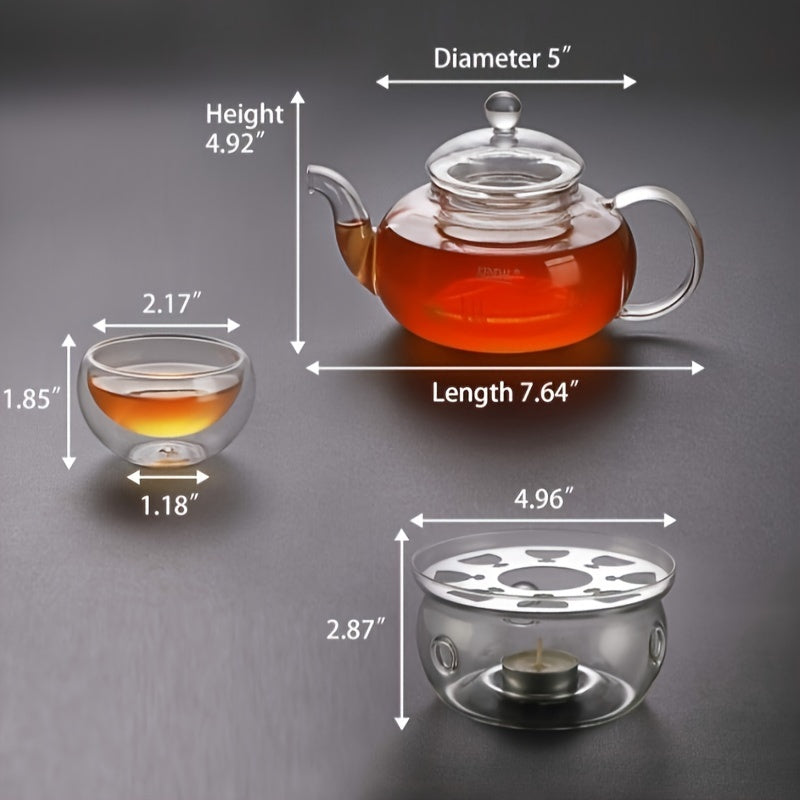 27 Oz Glass Teapot Set Stovetop Safe Tea Infuser Maker With A Candle Warmer And 6 Double Wall Teacups, Blooming & Loose Leaf Tea Pot CJ-800ml