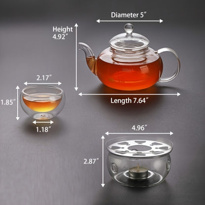 27 Oz Glass Teapot Set Stovetop Safe Tea Infuser Maker With A Candle Warmer And 6 Double Wall Teacups, Blooming & Loose Leaf Tea Pot CJ-800ml