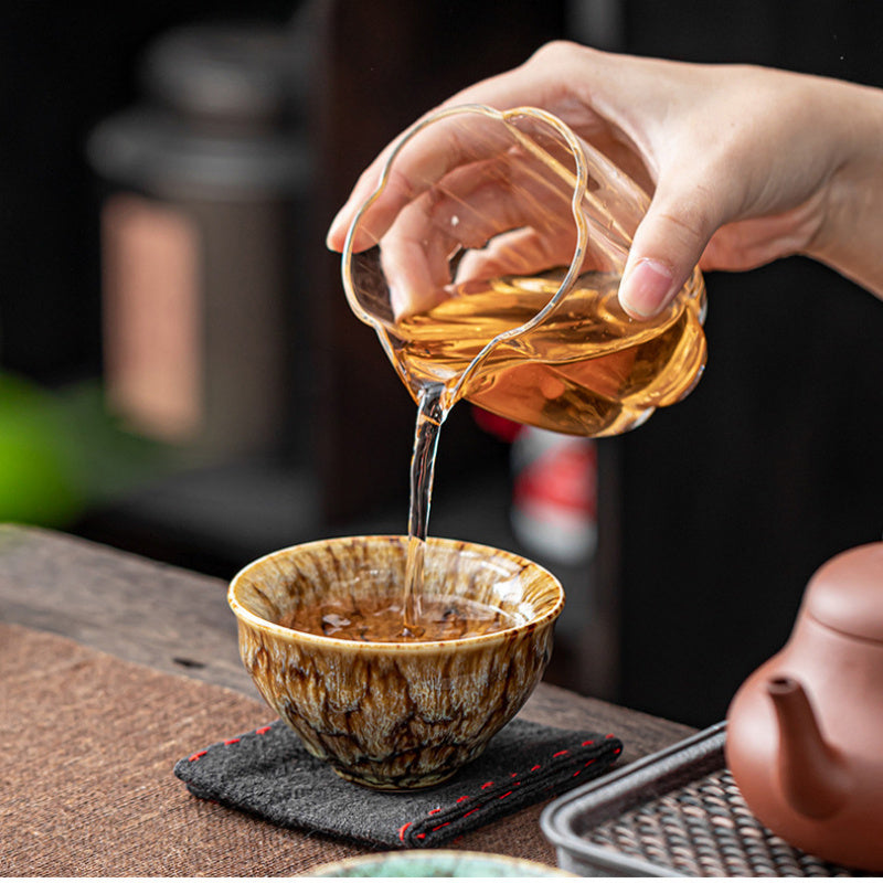 1 Set of 5 Handmade Jianzhan Ceramic Tea Cups, Traditional Kiln-Changed Five-Element Kung Fu Tea Cups, Glazed Porcelain, Suitable for Business Gifts, Office And Home Use- Artistic, Elegant, Unique