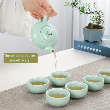 7-head celadon tea set, one pot and six cups, Kung Fu tea set for guests, home and office use, ceramic teapot, koi tea cup, one pot and six cups, creative koi drinking tea cup, lid bowl teapot, Kung Fu tea ceremony tea set