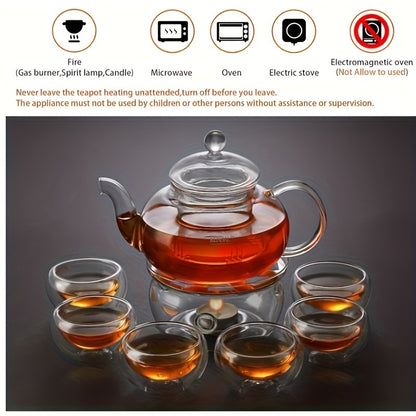 27 Oz Glass Teapot Set Stovetop Safe Tea Infuser Maker With A Candle Warmer And 6 Double Wall Teacups, Blooming & Loose Leaf Tea Pot CJ-800ml